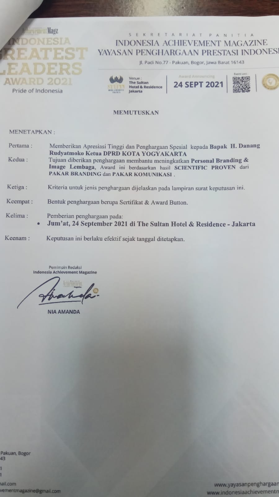 Penghargaan untuk Ketua DPRD Kota Yogyakarta